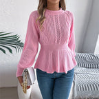 White Cable Knit Peplum Sweater - TEVQA