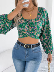 Romantic White Floral Lantern Sleeve Crop Top - TEVQA