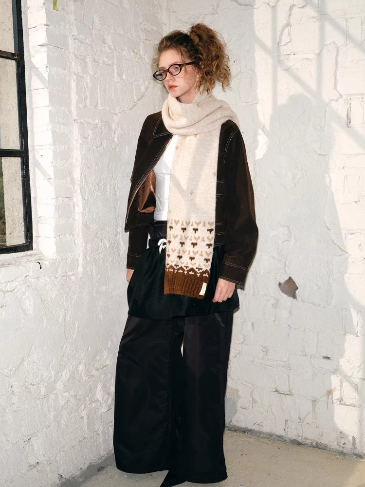 Vintage Fair Isle Wool Blend Scarf Beige Brown