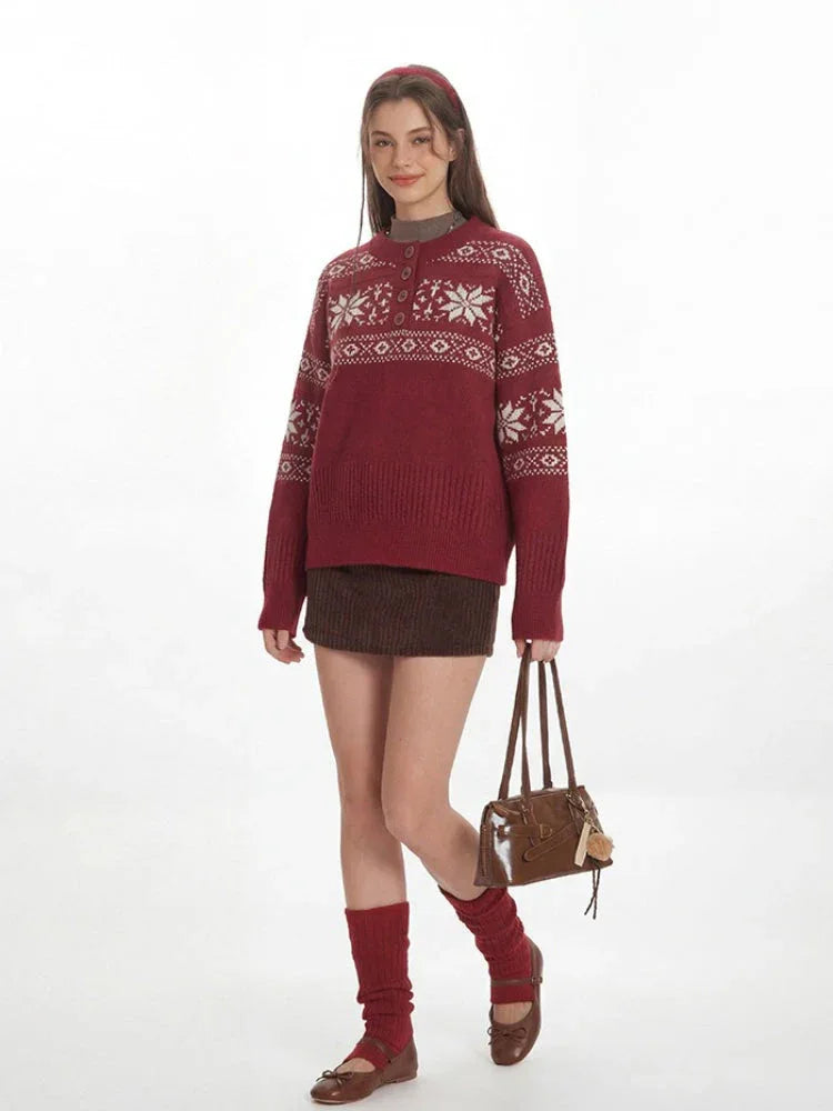 Vintage Red Fair Isle Henley Sweater - TEVQA