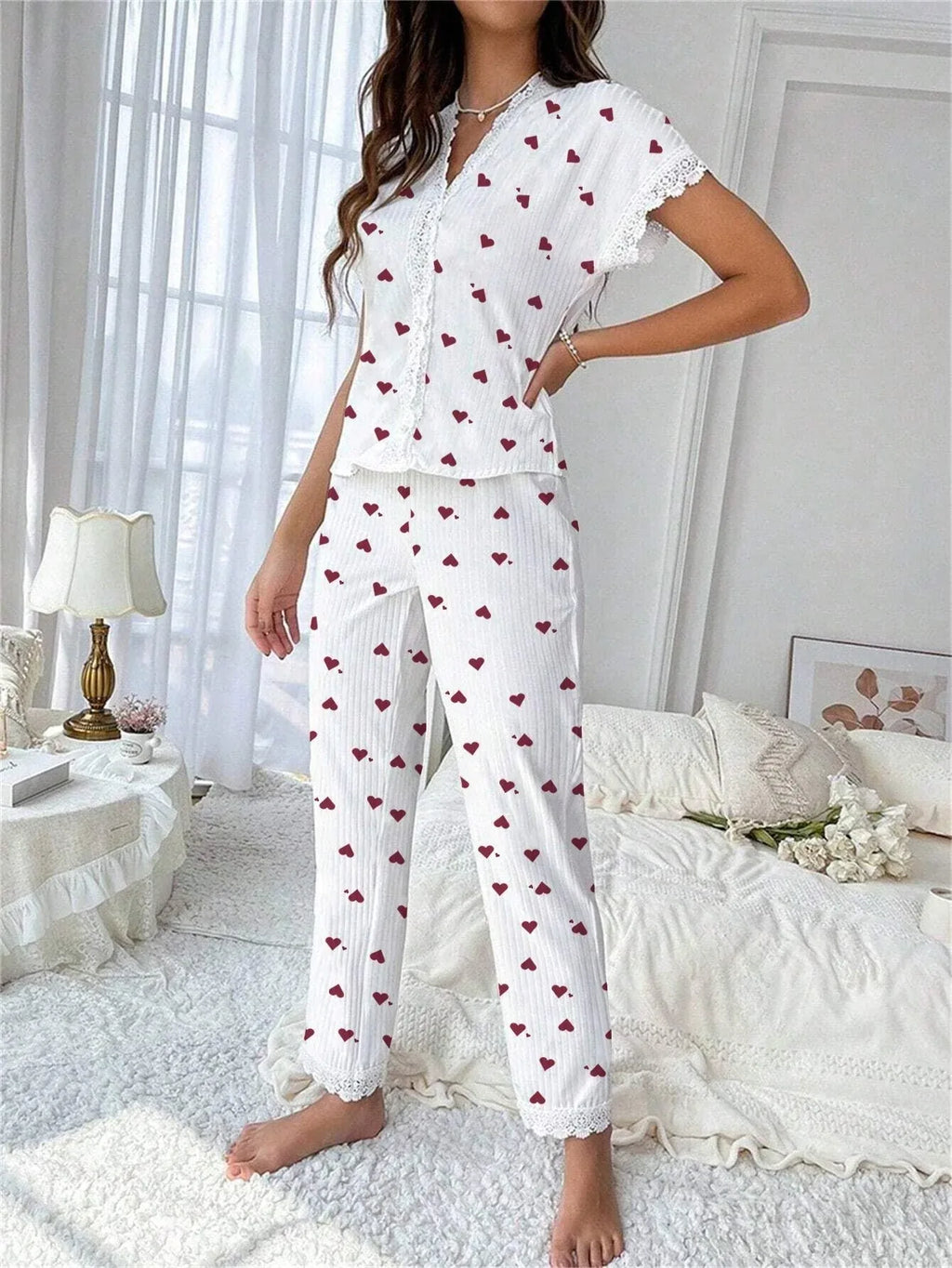 Cherry print ribbed pajama set with lace trim - View 11 | TEVQA