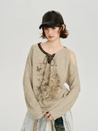 Vintage Asymmetric Cold Shoulder Graphic Top - Beige