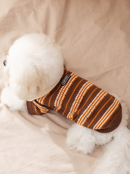 Brown Striped Knit Pet Sweater with Lace-up Collar