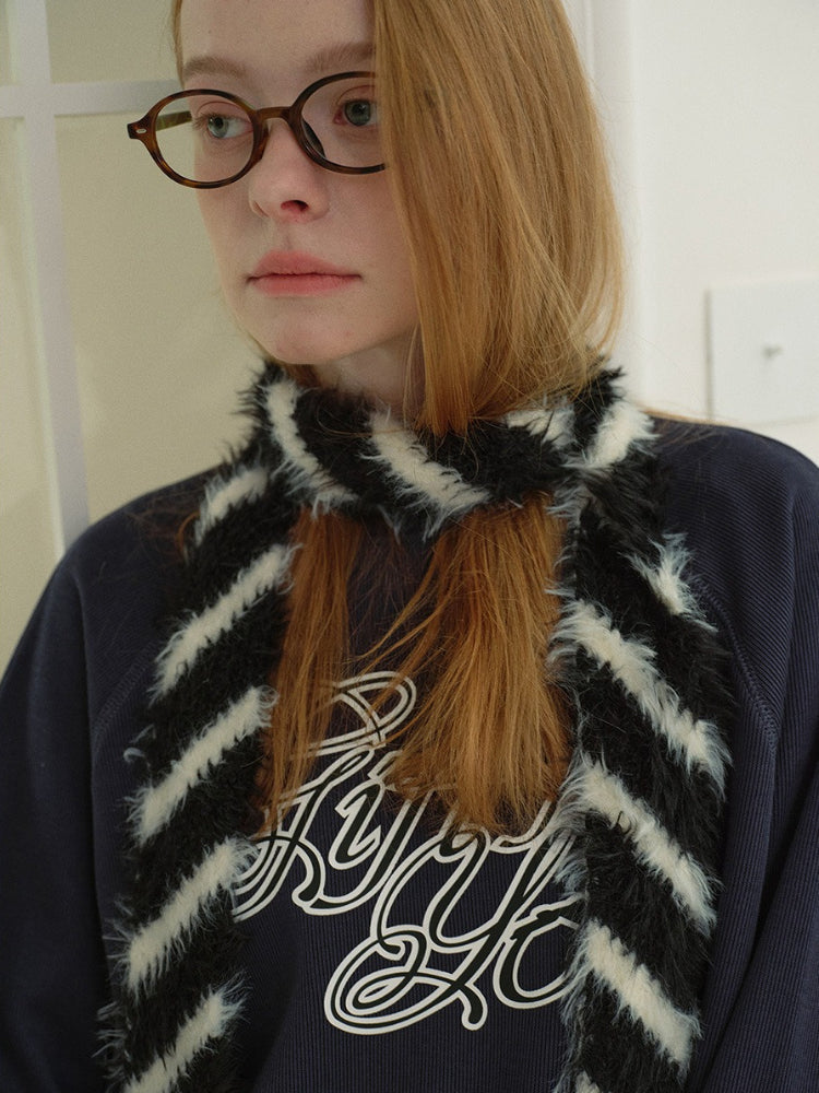 Y2K Acubi Style Fuzzy Diagonal Stripe Skinny Scarf
