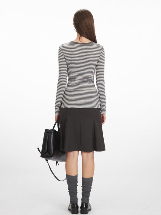 Vintage Grey Striped Henley Long Sleeve Top