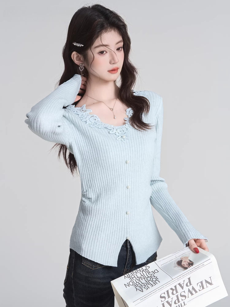 Light Blue Lace V-Neck Ribbed Knit Top