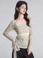 Tie Dye Mesh Overlay Wrap Waist Top Beige