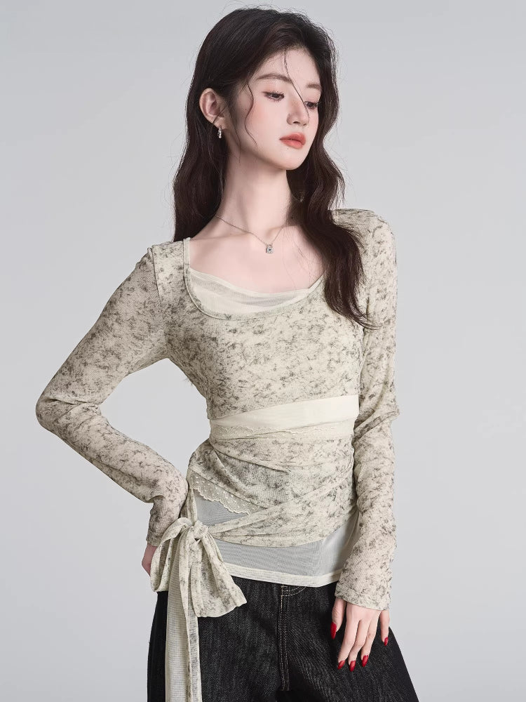 Tie Dye Mesh Overlay Wrap Waist Top Beige