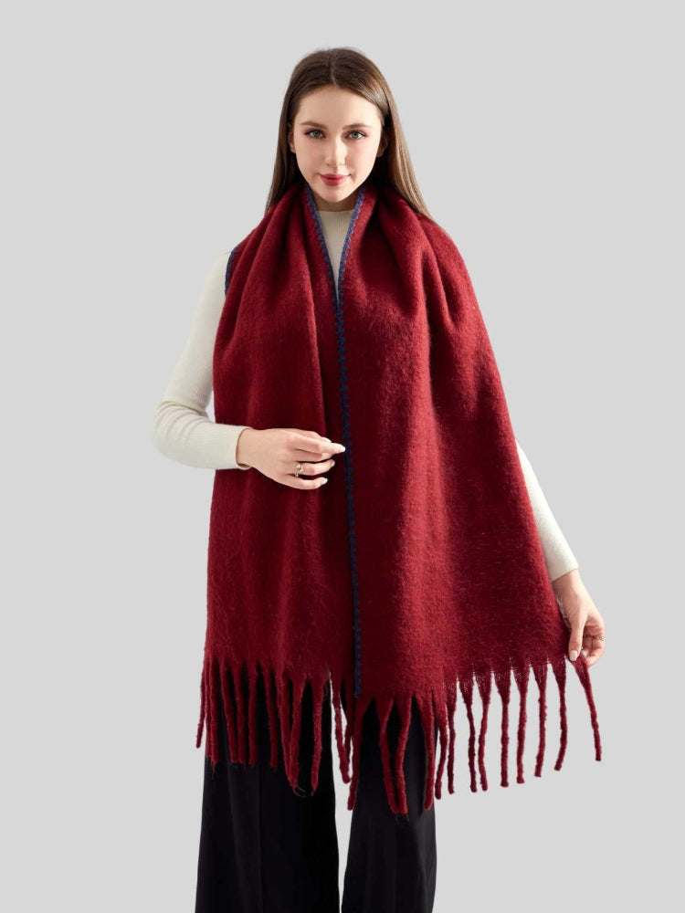 Women's Heavyweight Faux Mohair Scarf with Contrast Whipstitch Trim & Long Fringe - Burgundy