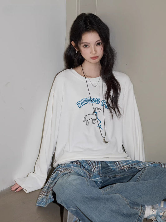 Whimsical Horse Graphic Long Sleeve Tee White