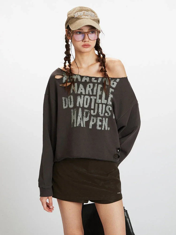 Vintage Charcoal Distressed Off-Shoulder Sweatshirt - TEVQA