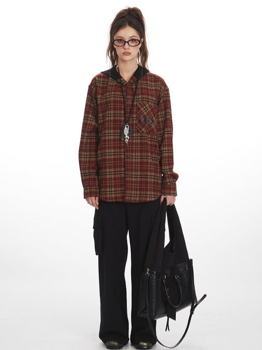 Vintage Red Plaid Hooded Flannel Shirt