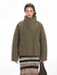 Vintage Olive Asymmetric Stand Collar Padded Jacket - TEVQA