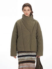 Vintage Olive Asymmetric Stand Collar Padded Jacket - TEVQA
