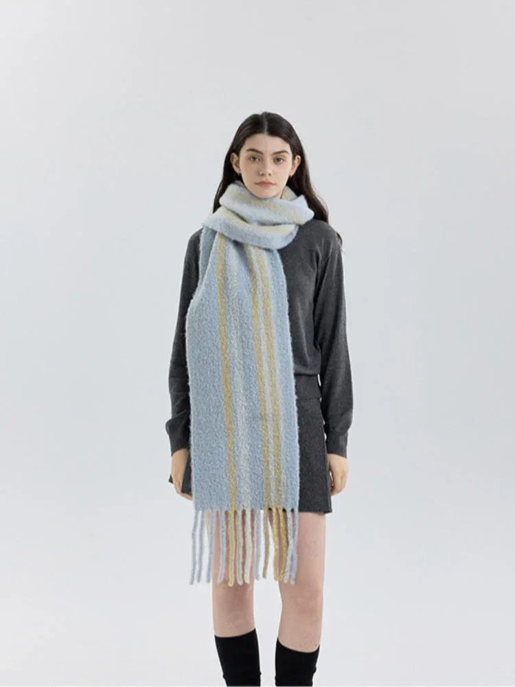 Butter Yellow Striped Wool Scarf - View 7 | TEVQA