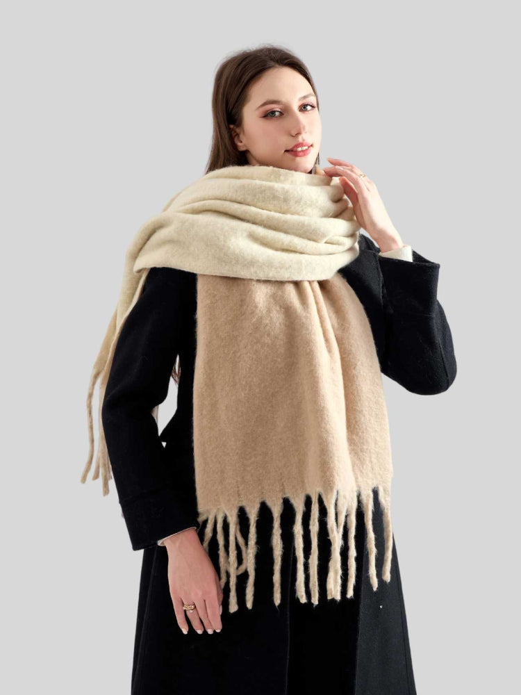Women's Ultra-Heavyweight Solid Scarf Thick Fringe Thermal Winter Wrap - Oatmeal Beige Secondary image