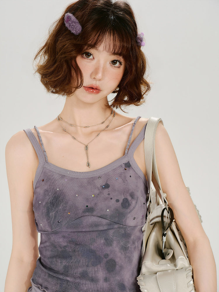 Tie-Dye Rhinestone Lettuce Hem Camisole - Purple