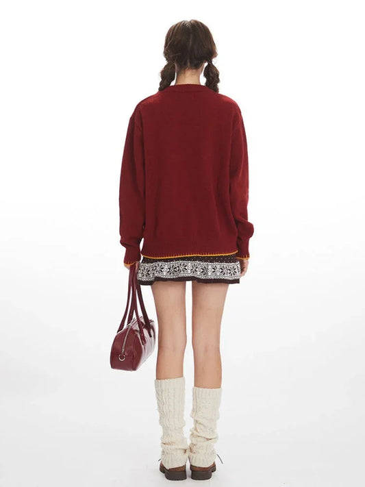 Whimsical Apple & Teddy Bear Pocket Knit Sweater - TEVQA