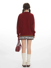 Whimsical Apple & Teddy Bear Pocket Knit Sweater - TEVQA