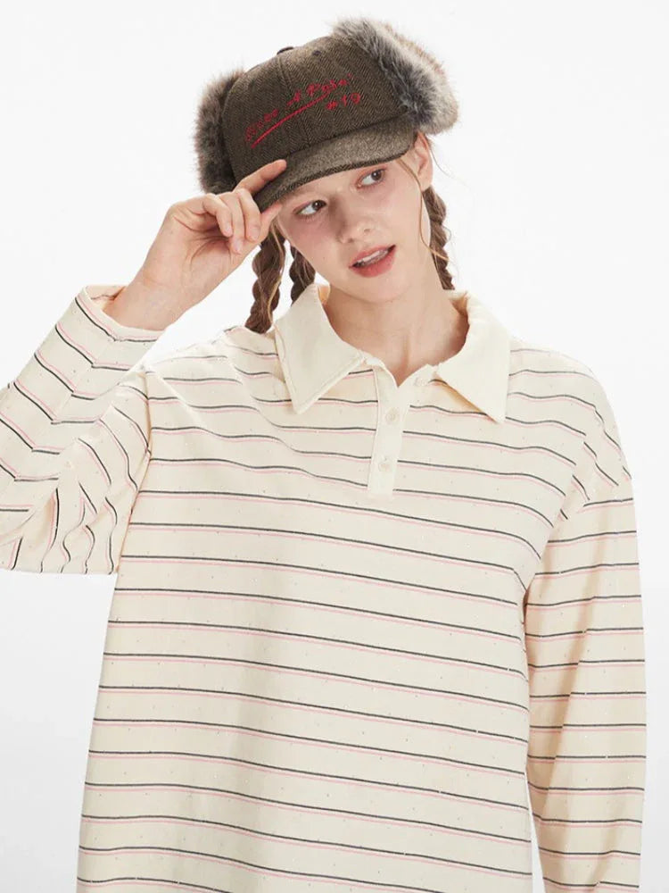 Vintage Cream Striped Rhinestone Polo Shirt - TEVQA