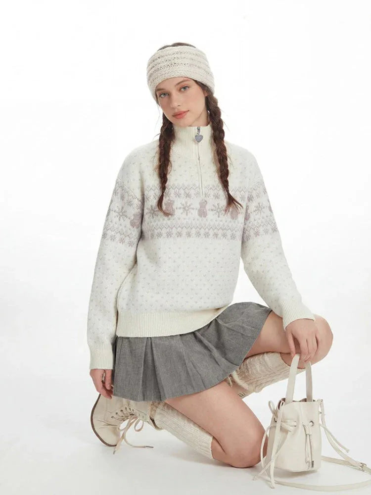 Model in a kneeling pose, displaying the complete winter outfit from different angles.