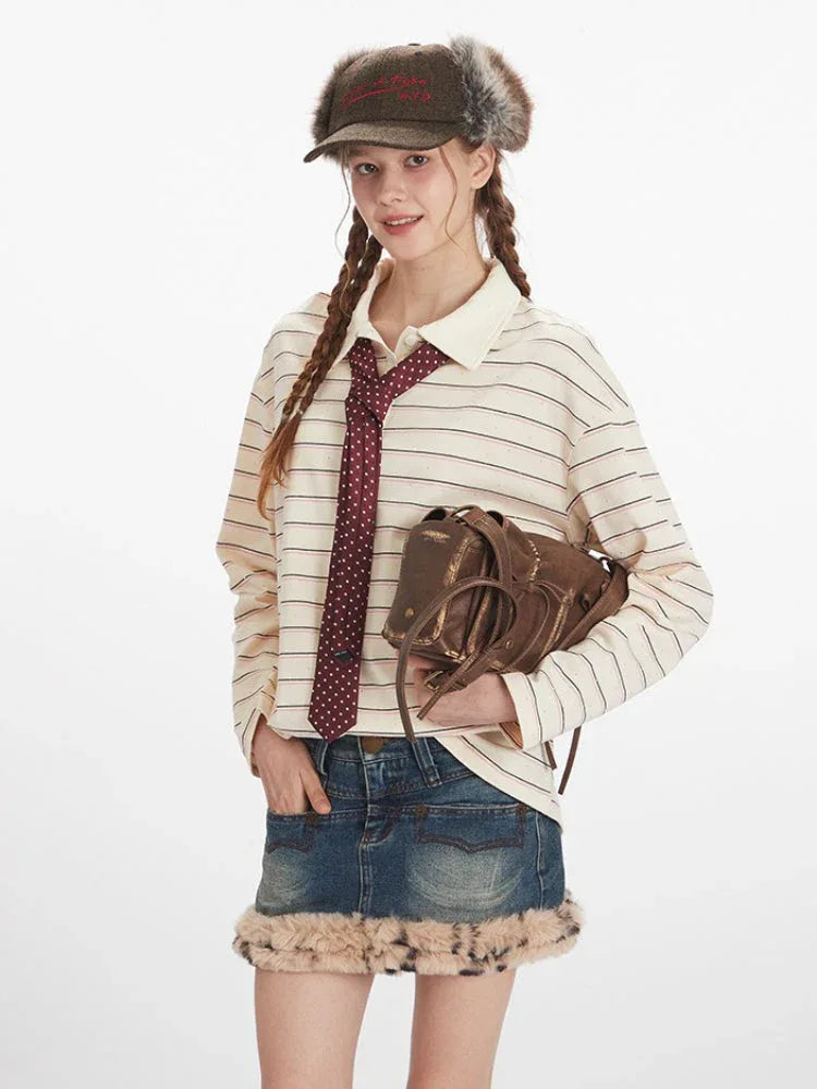 Vintage Cream Striped Rhinestone Polo Shirt - TEVQA