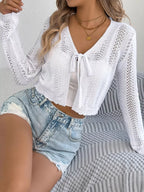 Pointelle Tie-Front Cardigan - View 15 | TEVQA