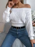 Khaki Off-Shoulder Cable Knit Sweater - View 15 | TEVQA
