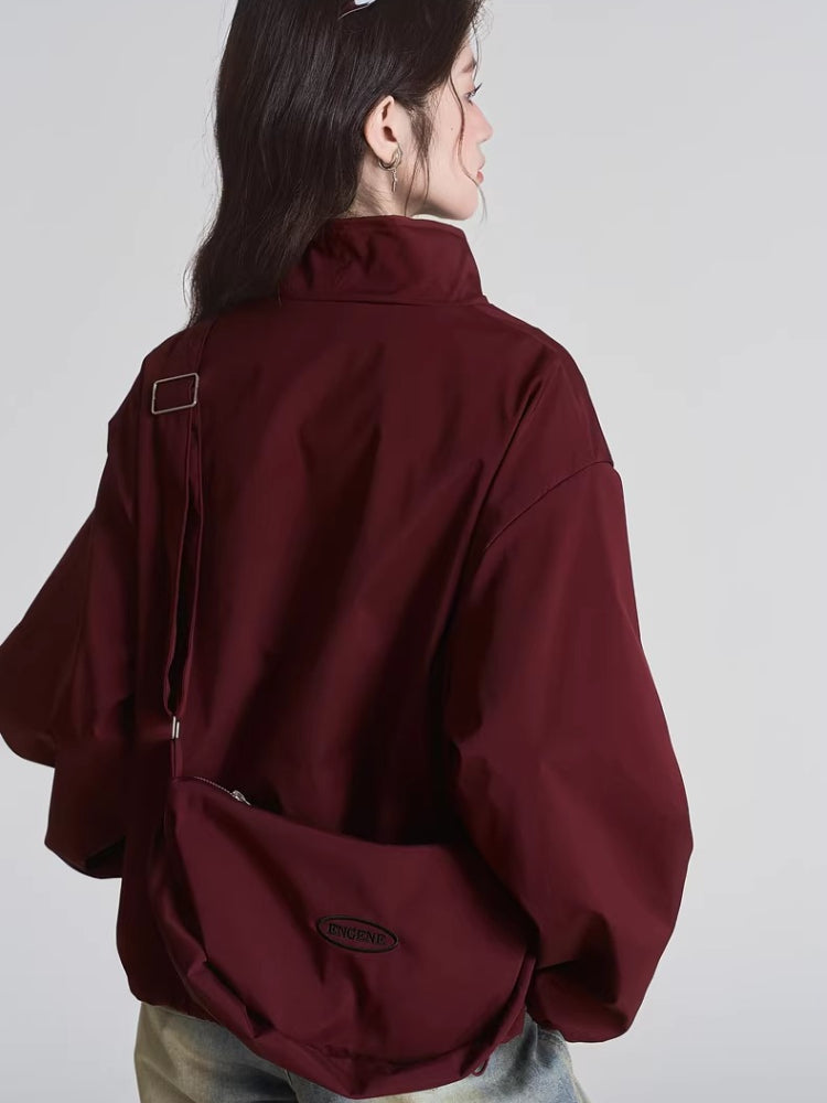 Burgundy Stand Collar Zip Up Utility Jacket - View 6 | TEVQA