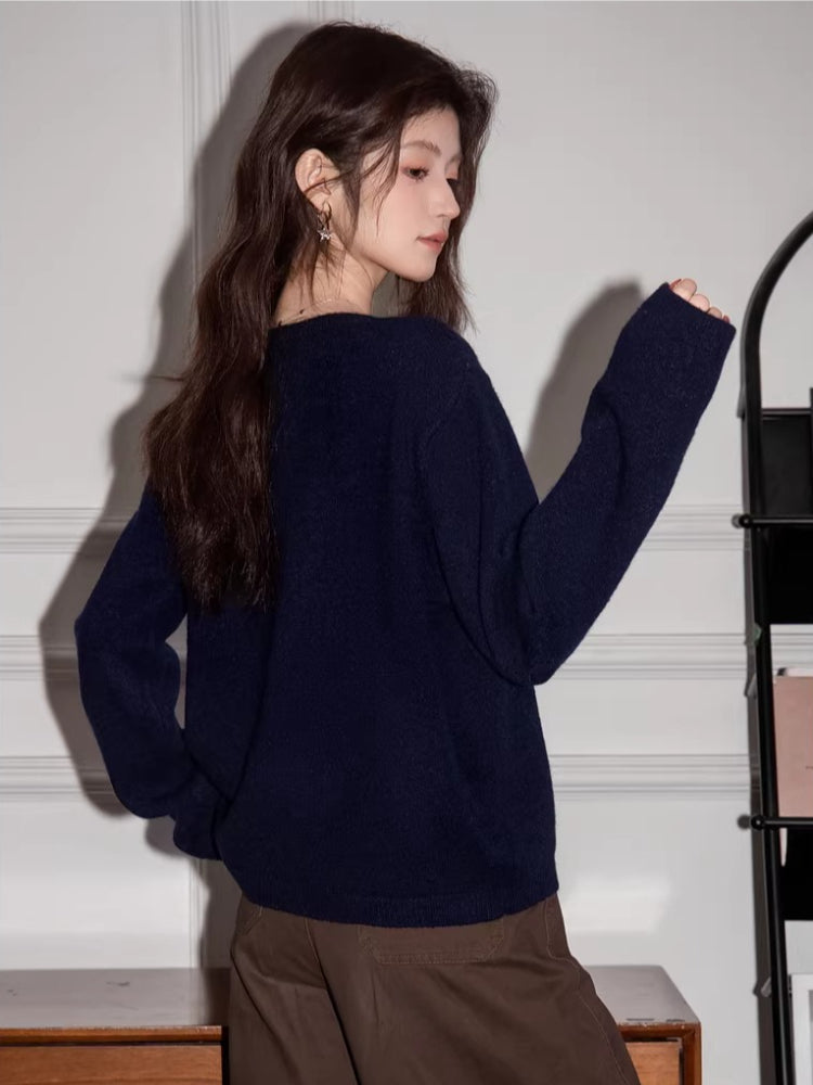 Navy Blue Popcorn Graphic Crew Neck Knit Sweater