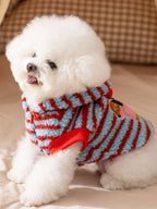 A white Bichon Frise dog wearing a blue and red striped hooded dog coat, looking to the right.