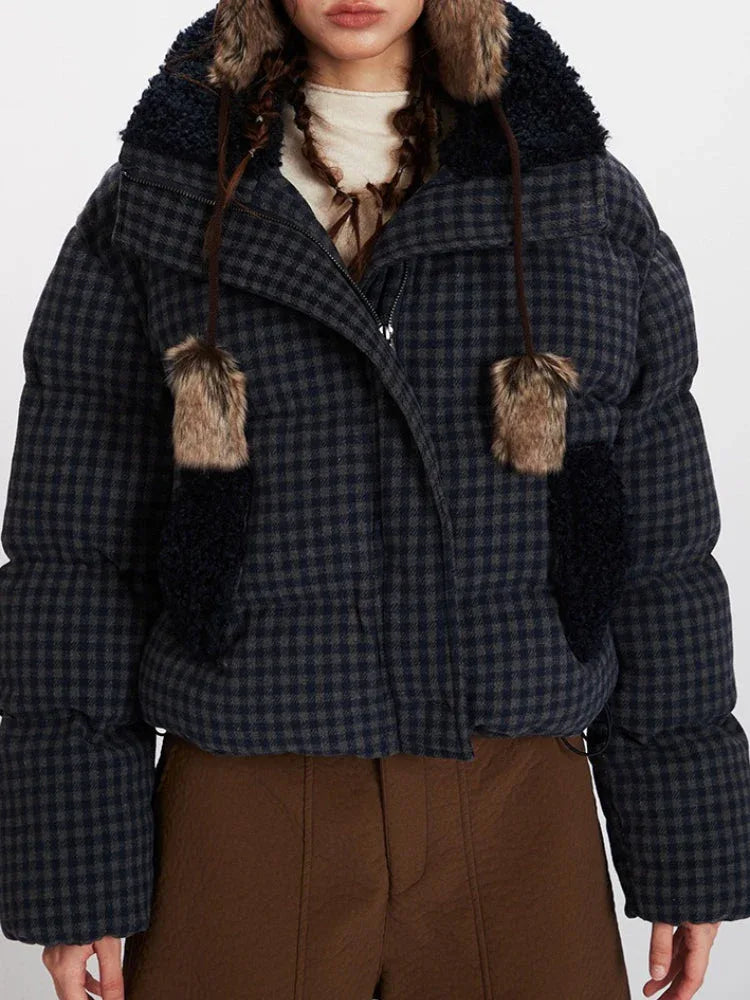 Plaid Cropped Puffer Jacket with Sherpa Lining - View 6 | TEVQA