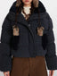 Plaid Cropped Puffer Jacket with Sherpa Lining - View 6 | TEVQA