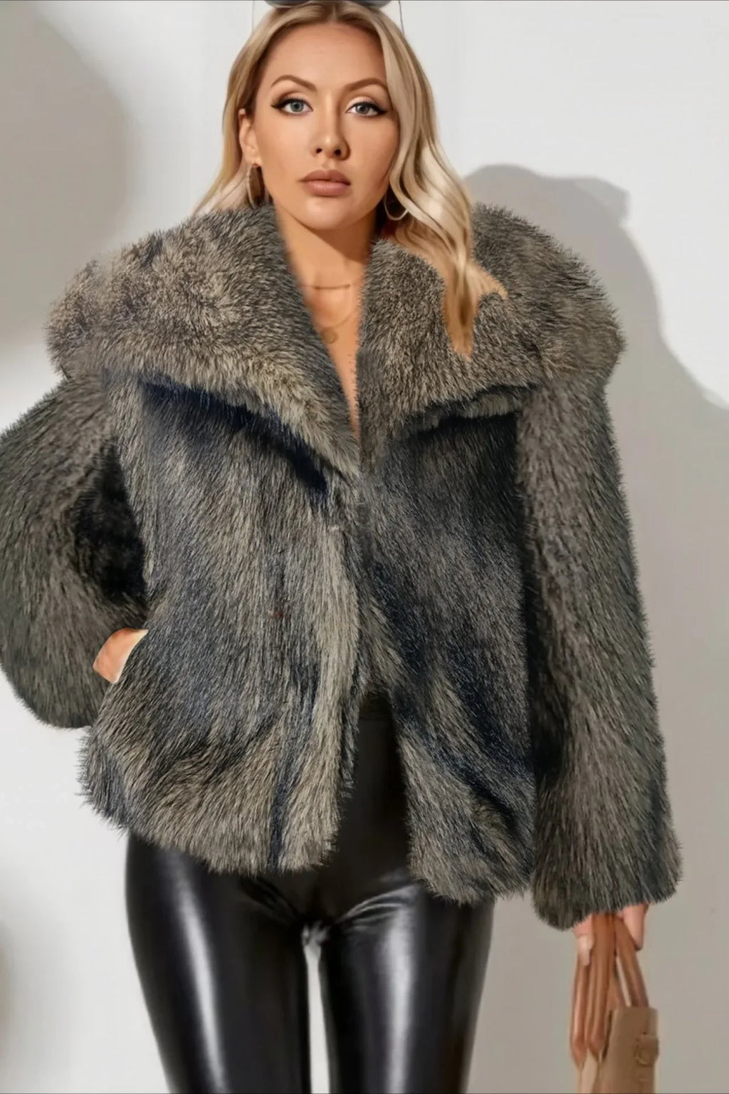 Luxe Sage Grey Faux Fox Fur Coat - TEVQA