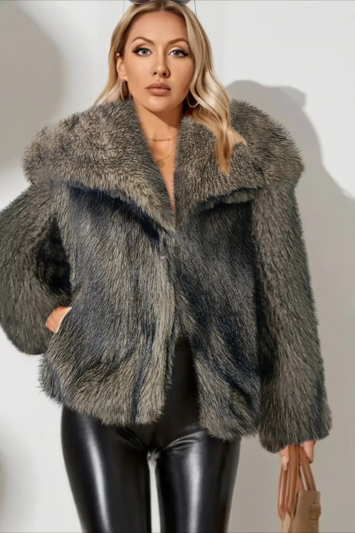 Luxe Sage Grey Faux Fox Fur Coat - TEVQA
