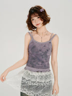 Tie-Dye Rhinestone Lettuce Hem Camisole - Purple