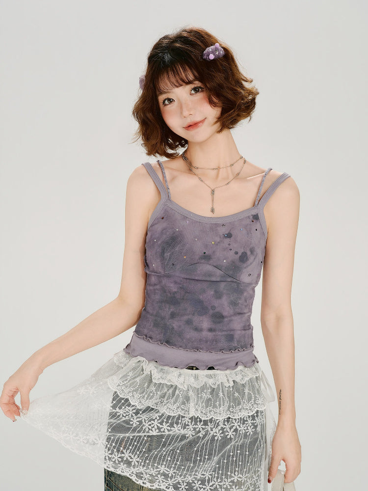 Tie-Dye Rhinestone Lettuce Hem Camisole - Purple