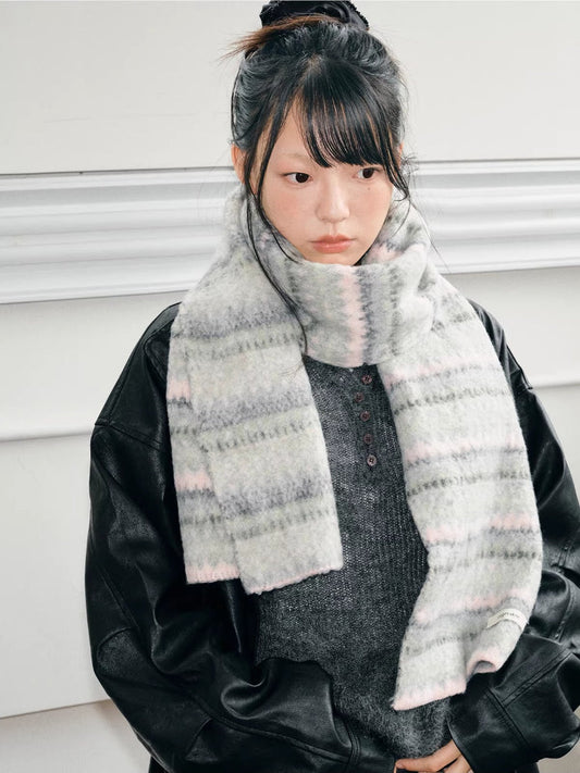Soft Fair Isle Style Geometric Knit Scarf Grey Pink