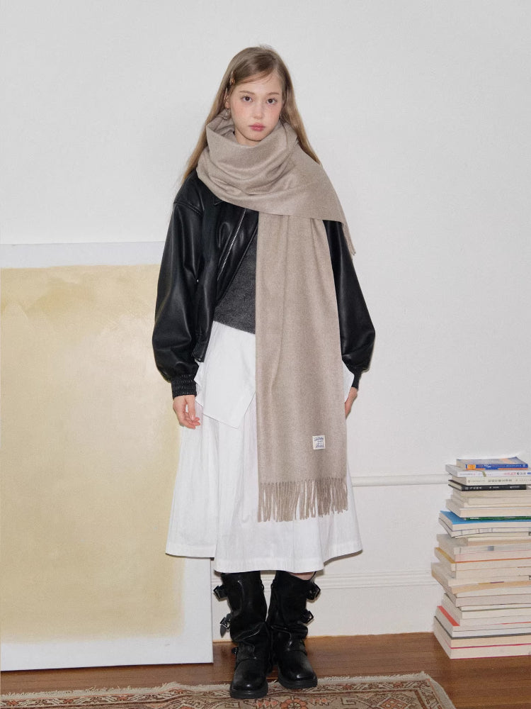 Cashmere-Feel Thick Tassel Scarf Beige