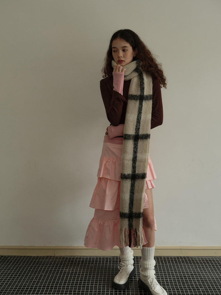 Retro Windowpane Check Wool Blend Scarf