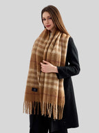 Women's Vintage Plaid Scarf Oversized Faux Mohair Bouclé Wrap with Fringe - Camel & Beige