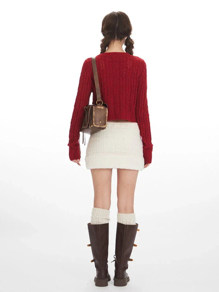 Coquette Cherry Red Bow Pointelle Cardigan - TEVQA