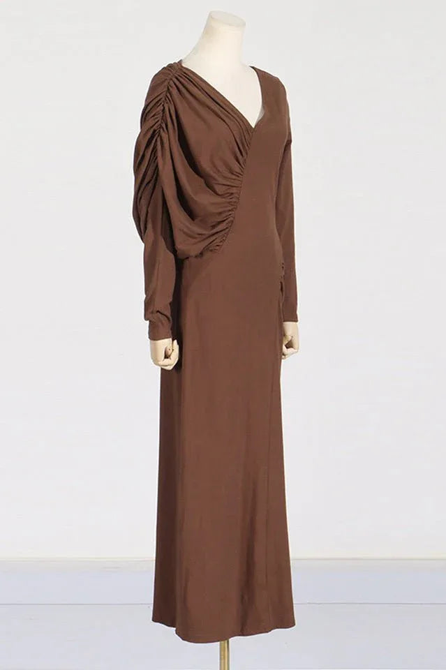 Asymmetric V-Neck Pleated Maxi Dress - View 8 | TEVQA