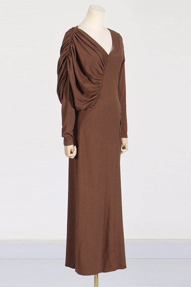 Asymmetric V - Neck Pleated Maxi Dress - Tevqa