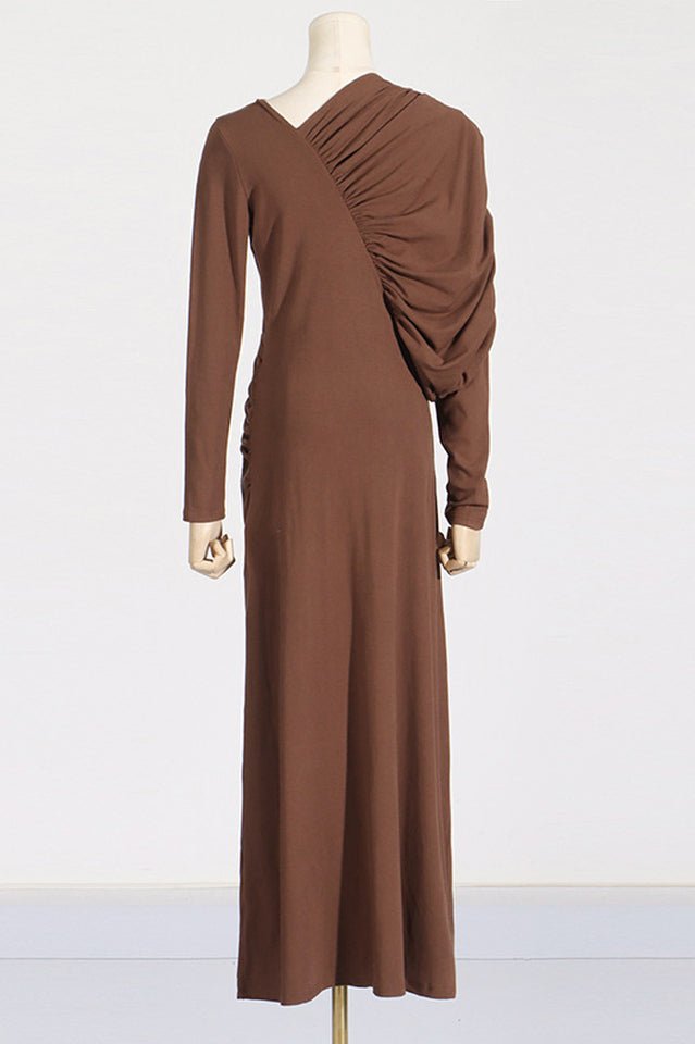Asymmetric V - Neck Pleated Maxi Dress - Tevqa