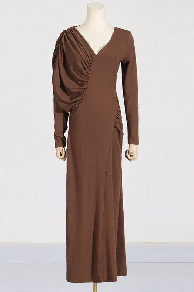 Asymmetric V-Neck Pleated Maxi Dress - View 7 | TEVQA