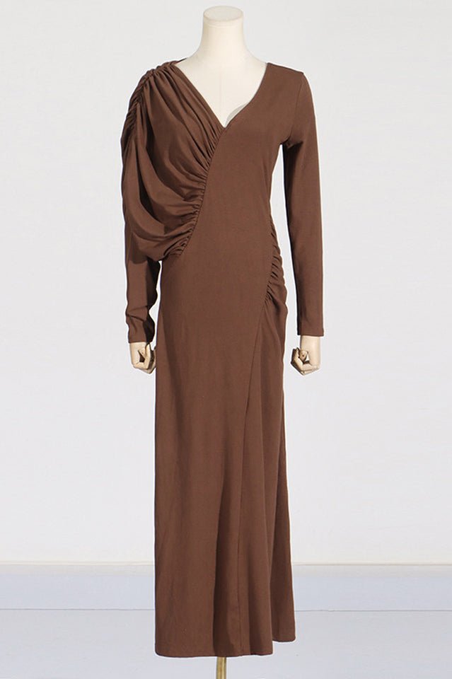 Asymmetric V - Neck Pleated Maxi Dress - Tevqa