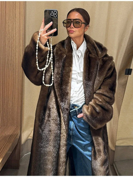 Vintage Dark Brown Faux Sable Maxi Coat - TEVQA