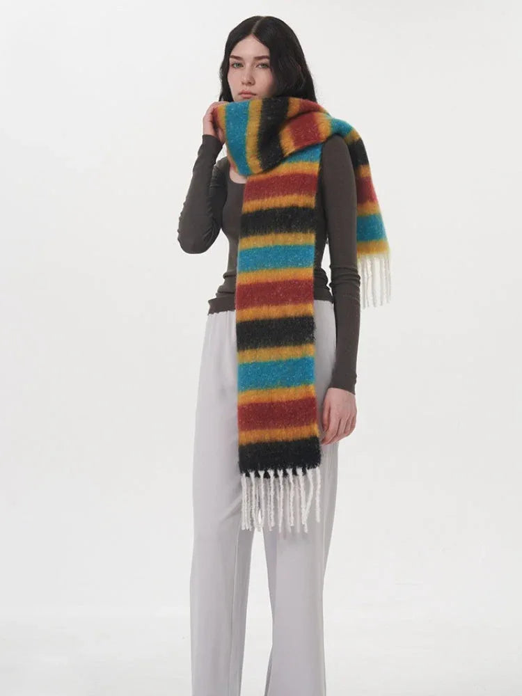 Rainbow stripe fuzzy knit scarf - View 7 | TEVQA