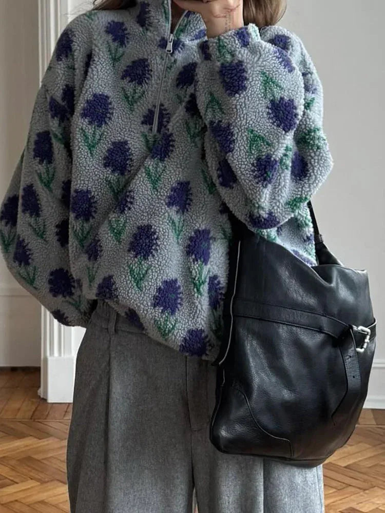 Vintage Floral Sherpa Half-Zip Pullover - TEVQA
